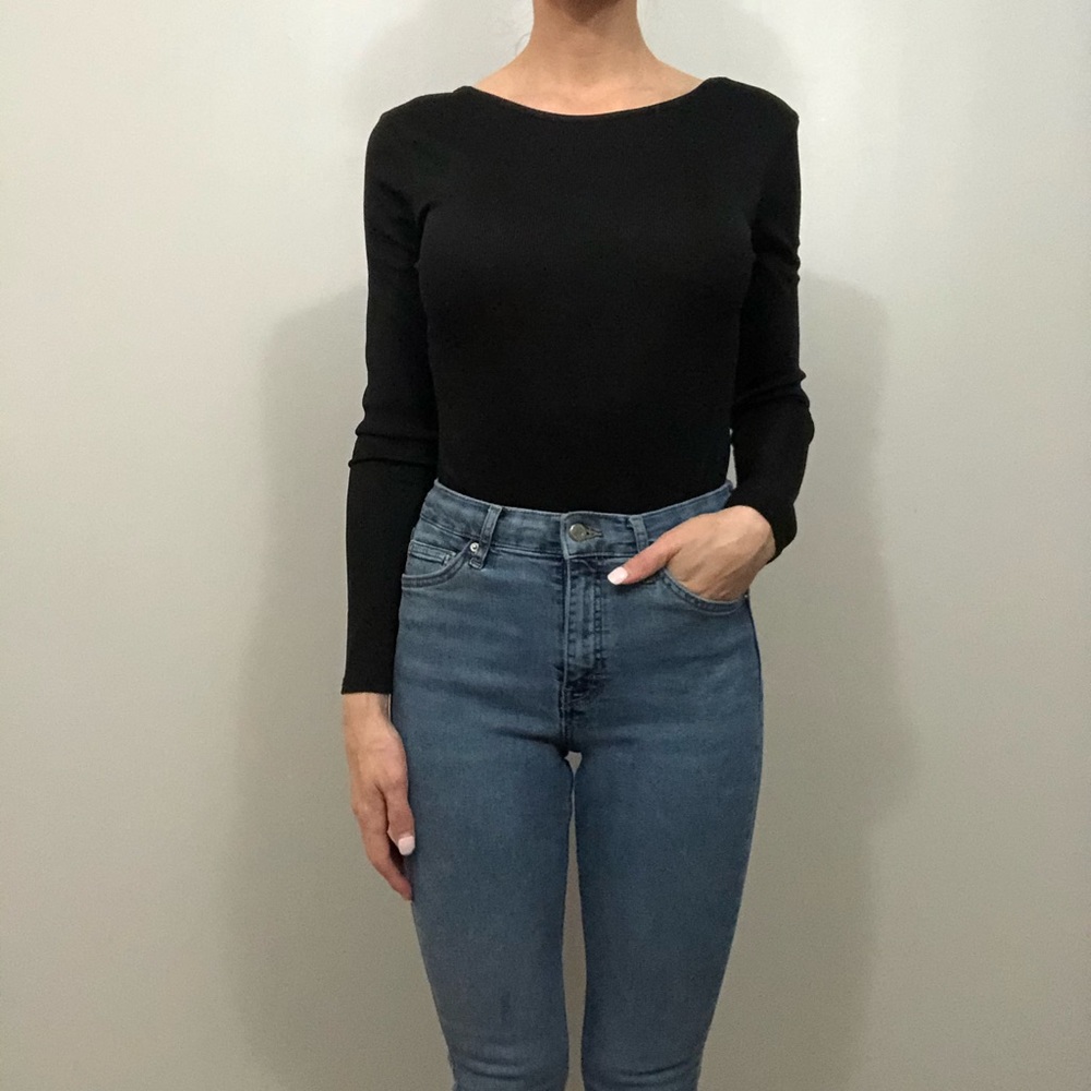 Missguided open back black bodysuit.